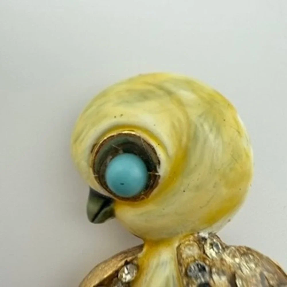 HAR Vintage Enamel Rhinestone Bird Brooch Turquoise Eye Yellow Chick Figural Pin